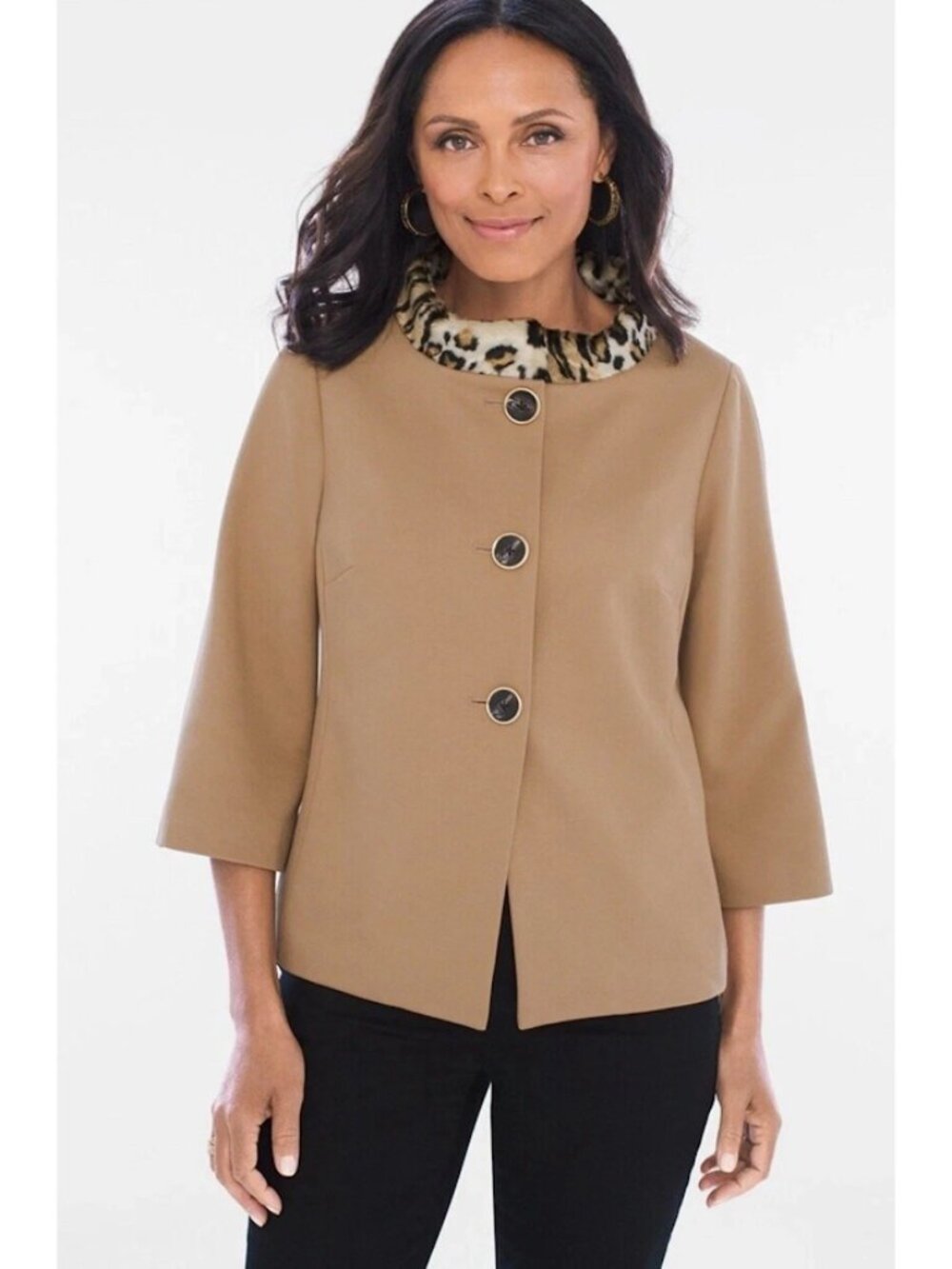 Chicos Animal Faux Fur Collar Swing Jacket 2 L Toasty Tan 3/4 Sleeve 570210767